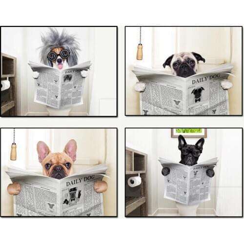 Animal Posters Dog Reading Newspaper Canvas Painting Wall Art Funny Dog Toilet Art Prints For Bathroom Wall Pictures Decoration