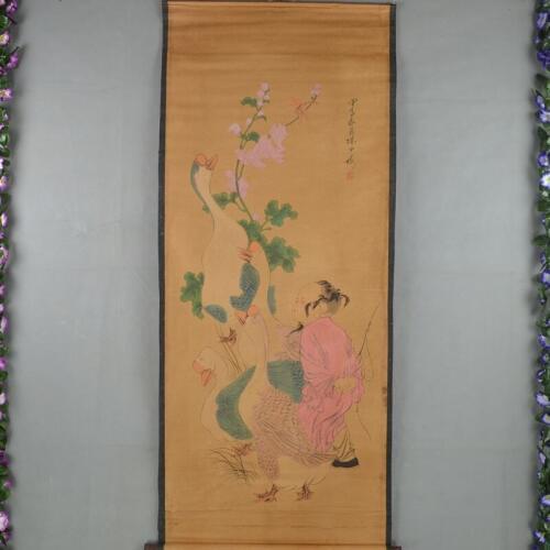 Chinese Qing Dyansty Scroll Painting Kids Goose Figure, Free shipping