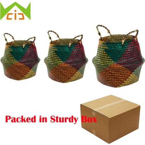 3pcs Colorful Rattan Belly Baskets Set Woven Seagrass Storage Basket with Handle Wicker Container for Home Decoration Garden