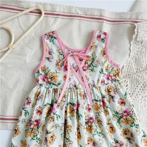 Summer Girls Dress Fashion Flower Printed Dresses Girls 2-7 Year Toddler Child Girls Clothing New Kids Sleeveless Beach Dress