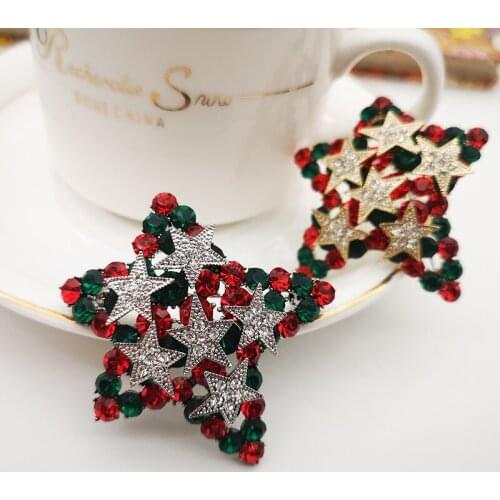 2019 New Irregular Christmas star green& Red rhinestones Brooch women Christmas jewelry with box packing CARA0109