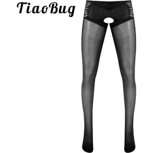 Lingerie Sissy Pantyhose Mens Crotchless See Through Lace Patchwork Stretchy Long Pants Leggings Sheer Stockings Nightwear