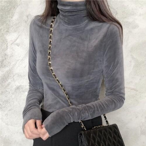 2020 New spring Winter Plus Velvet Long Sleeve Shirt Women Warm Thick T Shirt Vintage Streetwear Slim Ladies Tops