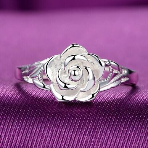 New Solid S990 Fine Silver Ring Women Luck Rose Flower Adjustable Ring Best Gift