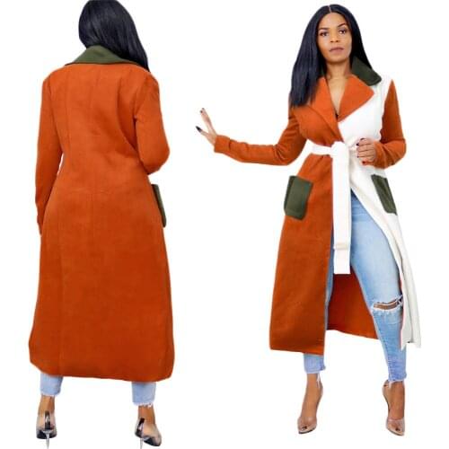 Sexy baby 001 Winter womens clothing new style stitching mid-length windbreaker jacket with belt 39046