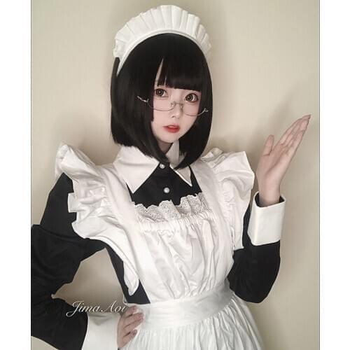 Japanese Pure Kawaii Cute Maid Apron Dress Black Traditional Maid Maid Long Dress Maid Outfit Cos Clubwear