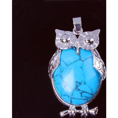 Trendy-beads Popular Silver Plated Owl Shape Blue Turquoises Stone Pendant For Anniversary Animal Jewelry