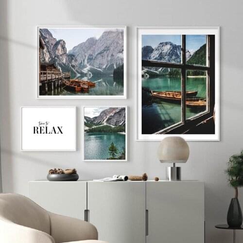 Nordic Mountain Lake Canvas Painting Nature Landscape Wall Print Poster Old Window Boat Artwork Scandinavia Pictures Home Decor
