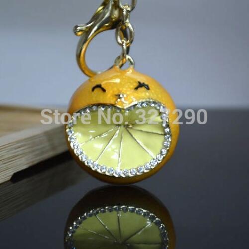 Rhinestone Setting Carton Jewelry Big Laughing Orange Keychain Yellow Fruit Key Ring For Bag Decorations