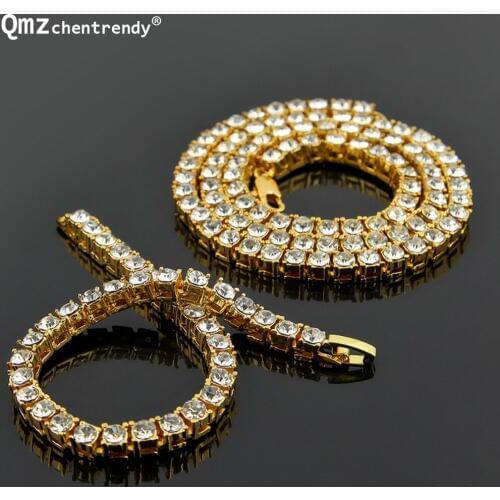 Hip Hop Men Womens Crystal Jewelry 1 Row Pharaoh Necklace Bracelet Cuban Chain Link Tennis Rhinestone Necklaces Sets