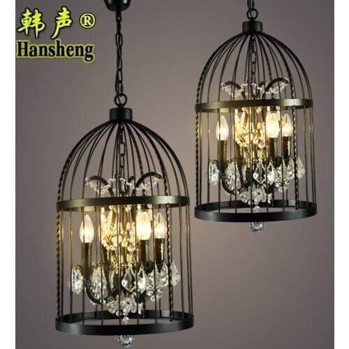 Vintage Loft Style Retro Wrought Iron Brid Cage Crystal Chandelier Coffee Store Restaurant Bar Industrial Bar Hanging Lighting
