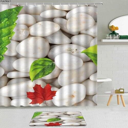 2Pcs White Pebbles Green Leaf Shower Curtain Zen Stone Lotus Bamboo Desert Fabric Bathroom Non-Slip Bath Mat Cloth Curtains Set