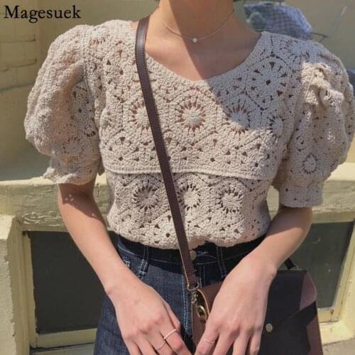V-neck Hollow Out Knitted Women Blouse Short Sleeve 2021 Spring Summer Sexy Shirt Women Solid Sweet Puff Sleeve Women Tops 9591