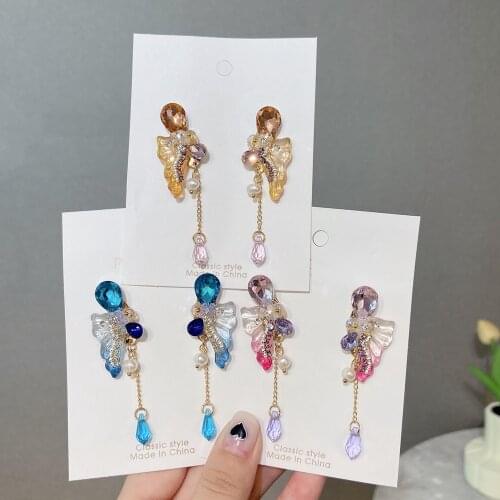 MENGJIQIAO Korean Sweet Colorful Crystal Wings Drop Earrings For Women Ladies Fashion Hanging Tassel Boucle D'oreille Jewelry