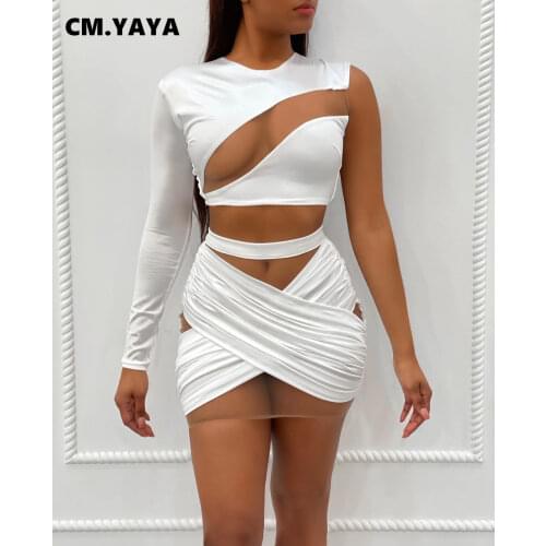 CM.YAYA Women Set Mesh Patchwork Hollow Out Tracksuit One Shoulder Full Sleeve Tops Sheath Elastic Zip Mini Skirts Two Piece Set