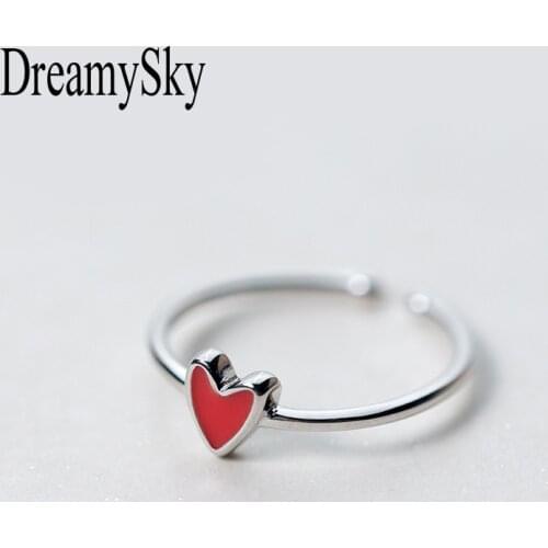 DreamySky 100% Real Silver Color Rings For Women Red Heart Ring