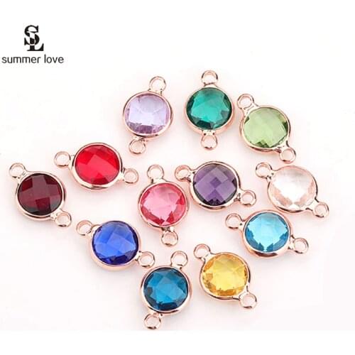 10pcs/lot Rose Gold Color 8mm Crystal Birthstone Connector Charms for Diy Bracelet Making 2 Holes Small Beads Jewelry Findings