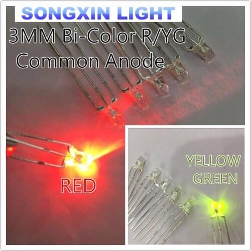 100pcs 3mm Transparent 3 pin Red Green R/YG Bicolor LED Common Anode Super Bright 3mm Light-Emitting Diode LED Lamp Bi-color