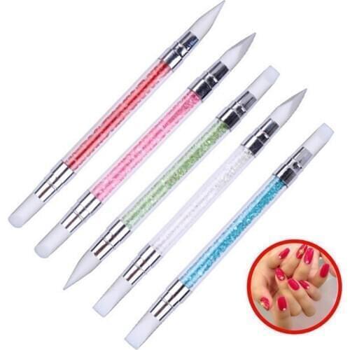 5 Colors New Dual Heads Silicone Nail Art Sculpture Pen Rhinestone Acrylic Handle Nail Polish Manicure Tool B0004