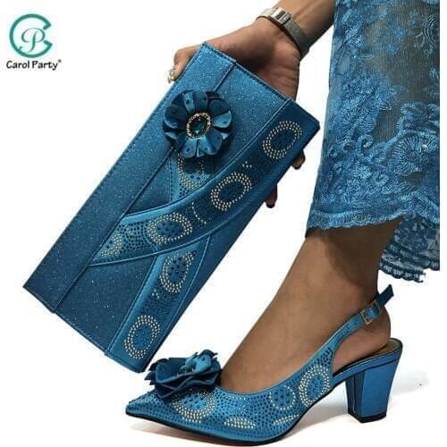 African Women Blue Color Shoes And Bag Set Decorated with Rhinestone Sexy Pumps Italian design Lady Party Shoes Matching A bag