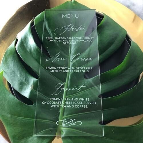 Acrylic Wedding Menu, Clear Perspex Wedding Menu, Wedding Table Menu, Engraved Menu