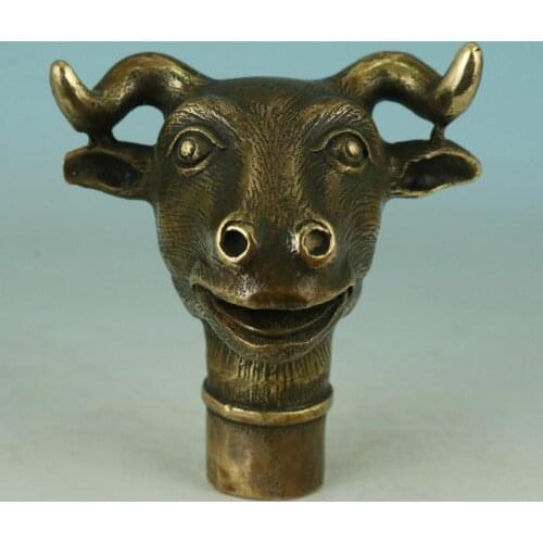 Asian Chinese Old Bronze Hand Carved Ox Statue Walking Stick Head Decorative