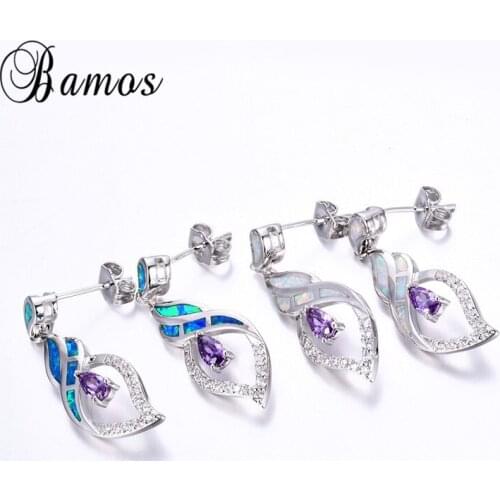 Bamos Elegant Purple Water Drop AAA Zircon Blue & White Fire Opal Drop Earrings For Women Silver Color Lover Gifts Ear0716