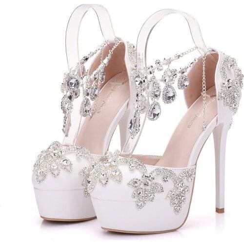 White Crystal wedding shoes single shoes women big size water drill high heel sandals waterproof table with single shoes
