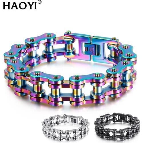 20mm Width 316L Stainless Steel Bracelet Bangle Huge Biker Bicycle Motorcycle Link Chain Rainbow Vintage Color Men Boy