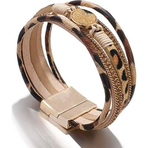 Leopard Wrap Bracelets for Women Multilayer Wide Animal Cheetah Print Wristband Cuff Bangle with Magnetic Buckle Jewelry