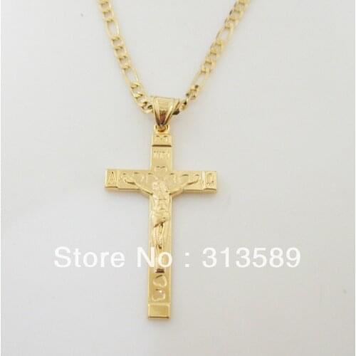YELLOW GOLD GP 24" FIGARO NECKLACE&JESUS CROSS WITH WORD INRI PENDANT/Great Gift/Money Maker