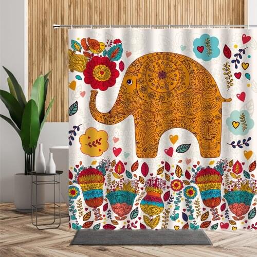 Cartoon Elephant Flower Kids Shower Curtain Abstract Animal Bathroom Decor Colored Decorative Painted Creative Bath Curtains Set