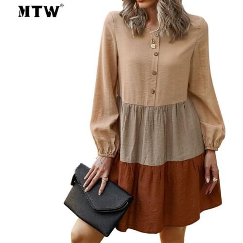 Elegant Patchwork Solid Mini Dress 2020 Casual O-Neck Solid Long Sleeve Party Dresses Women Spring Autumn Loose Dress