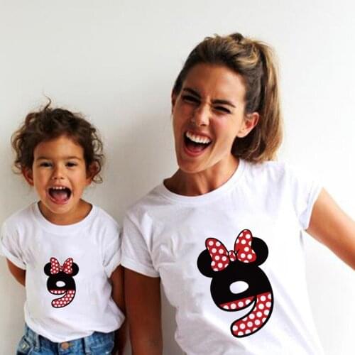 Mickey Mouse T Shirt Matching Family Clothes Lucky Numbers 0-9 Lovely Kids Tshirts Mothers T-shirts Summer Short Sleeve Clothes