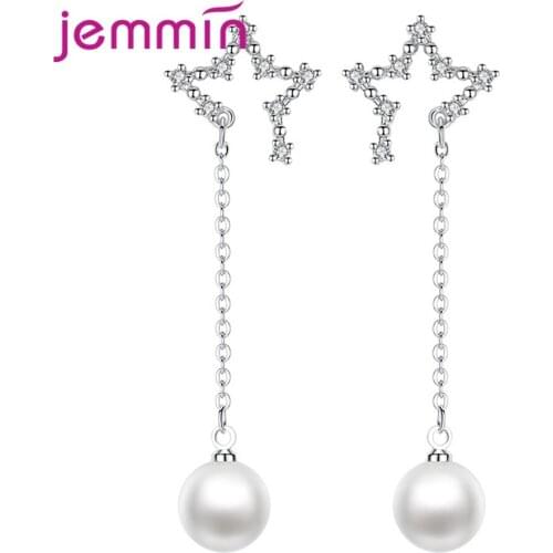 Boutique Lady Star Design 925 Sterling Silver Cubic Zirconia Tassel Drop Earrings Stylish Pearl Piercing Ear Jewelry