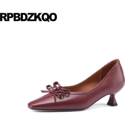 Cute Wine Red 11 43 Medium Heels Size 33 Big Genuine Leather Kitten High Square Toe Bow Designer Women Luxury Shoes Pumps 10 42