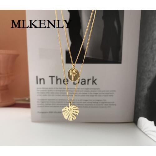 MLKENLY 925 sterling silver Fashion temperament trend golden monstera double layer personality necklace for women Jewelry