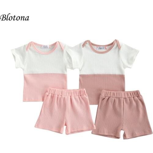 Blotona Newborn Baby Girls Fashion 2Pcs Outfit Set Ribbed Short Sleeve Patchwork Tops+Shorts Casual Set for Summer 0-24Months