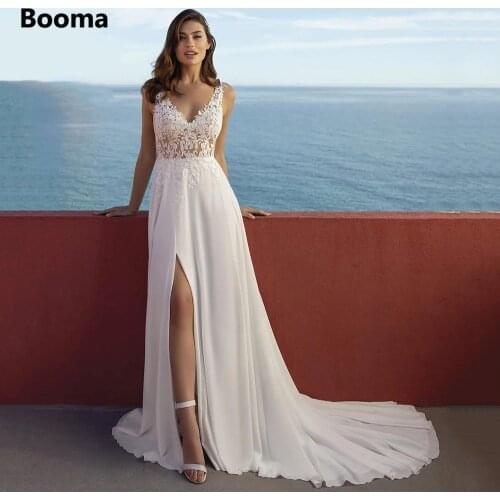 Booma V-Neck Beach Wedding Dresses Boho Lace Appliques High Slit Chiffon Bride Dresses Buttoned Back A-Line Long Wedding Gowns