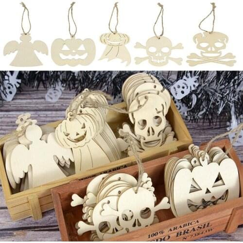 10Pc Hanging Pendant Wood Craft Halloween Decoration For Home Decor Skull Pumpkin Ghost Sling Tag Christmas Tree Door Wall Decor