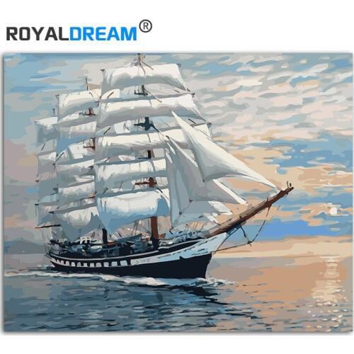 ROYALDREAM White Sailboat Landscape DIY Painting By Numbers Kit Paint On Canvas Painting Calligraphy For Home Decor