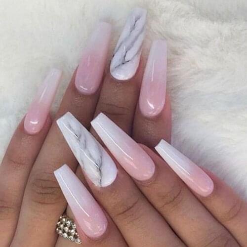 24pcs/Box Detachable Pink Marble Long Coffin False Nails Wearable Ballerina Fake Nails Full Cover Nail Tips Press On Nails