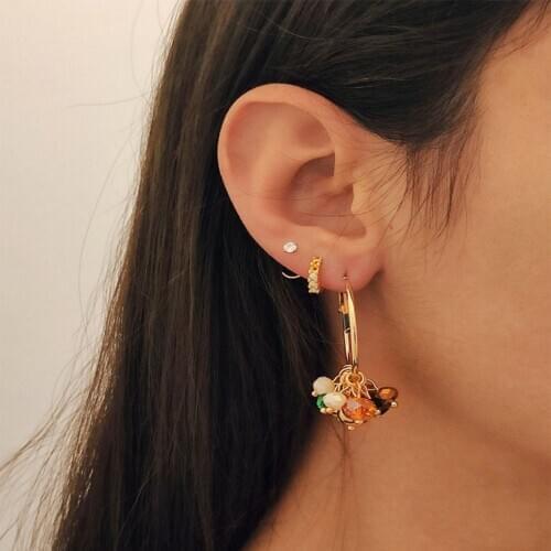 Casual Gold Color Plating Colorful Bead Strand Hoop Earrings For Women Girl Vintage Dinner Party Jewelry Decoration Accessory