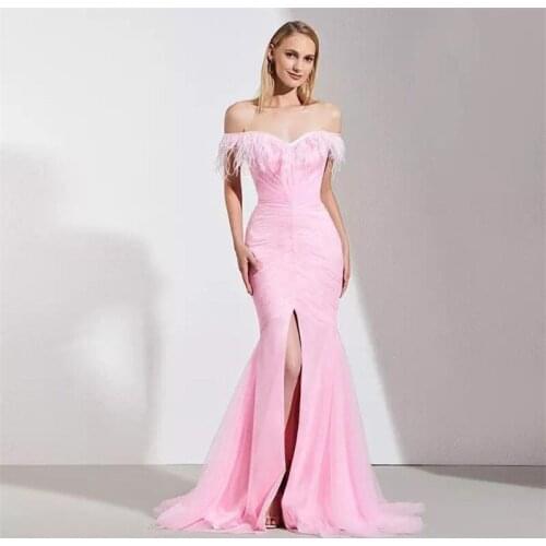 Feather Gorgeous Prom Dress Off Shoulder Split Evening Dress Custom Made Zipper Floor Length Party Dress