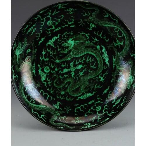 Kangxi Year Mark Dark Green Color Dragon Pattern Plate Antique Porcelain Collection Ornaments
