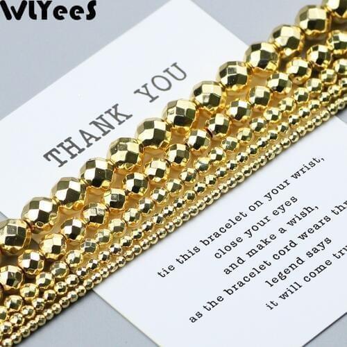 WLYeeS 18 Gold Faceted Round Hematite beads 2 4 6 8 10mm natural stone Ball Loose beads for DIY Jewelry Making Bracelet Necklace
