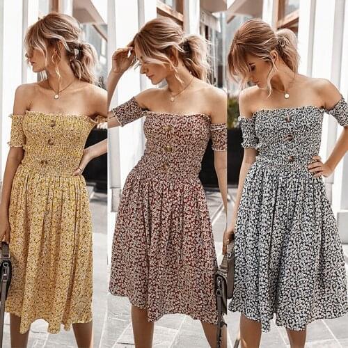 Womens Off Shoulder Dress Short Sleeve Floral Mid Waist Flowy Dress for Party Beach Summer d88