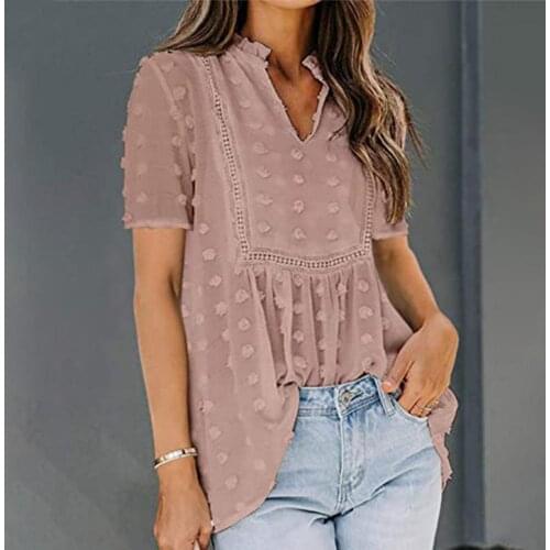 Women Blouse Dots V Neck Short Sleeve Summer Popular Long Solid Color Shirt Loose Chiffon Blouse Elegant Streetwear Casual Tops