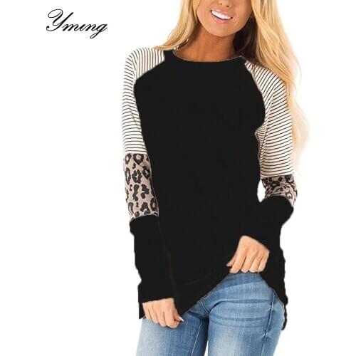 YMING Womens Round Neck Loose Top Casual T-shirt Long Sleeve Panel Top Long Loose Leopard Long Sleeve T-shirt Women