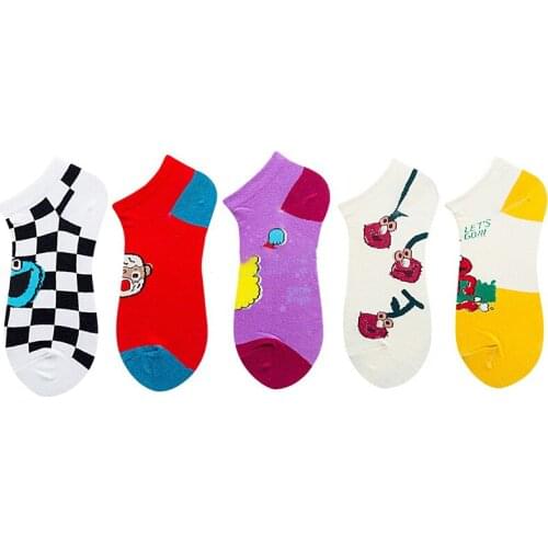 Women Socks Happy Short Socks Sesame Street Children Adult Sneakers Low Socks Fashion Female Male Short Socks 100% Cotton Summer